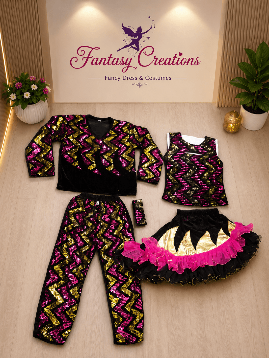 Pink Sequined girl boy Costume Set