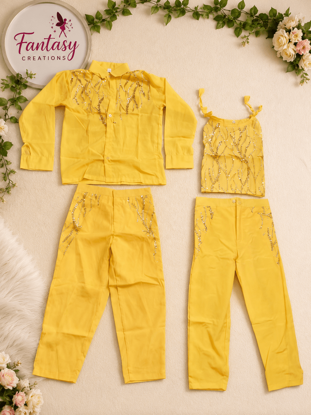 Yellow siquin shirt pant and yellow siquin halter top and pant