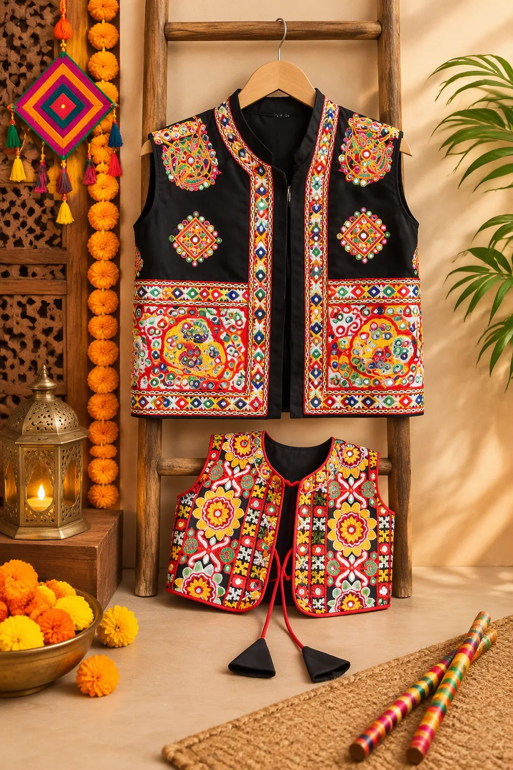 Two embroidered Garba jackets displayed with dandiya sticks