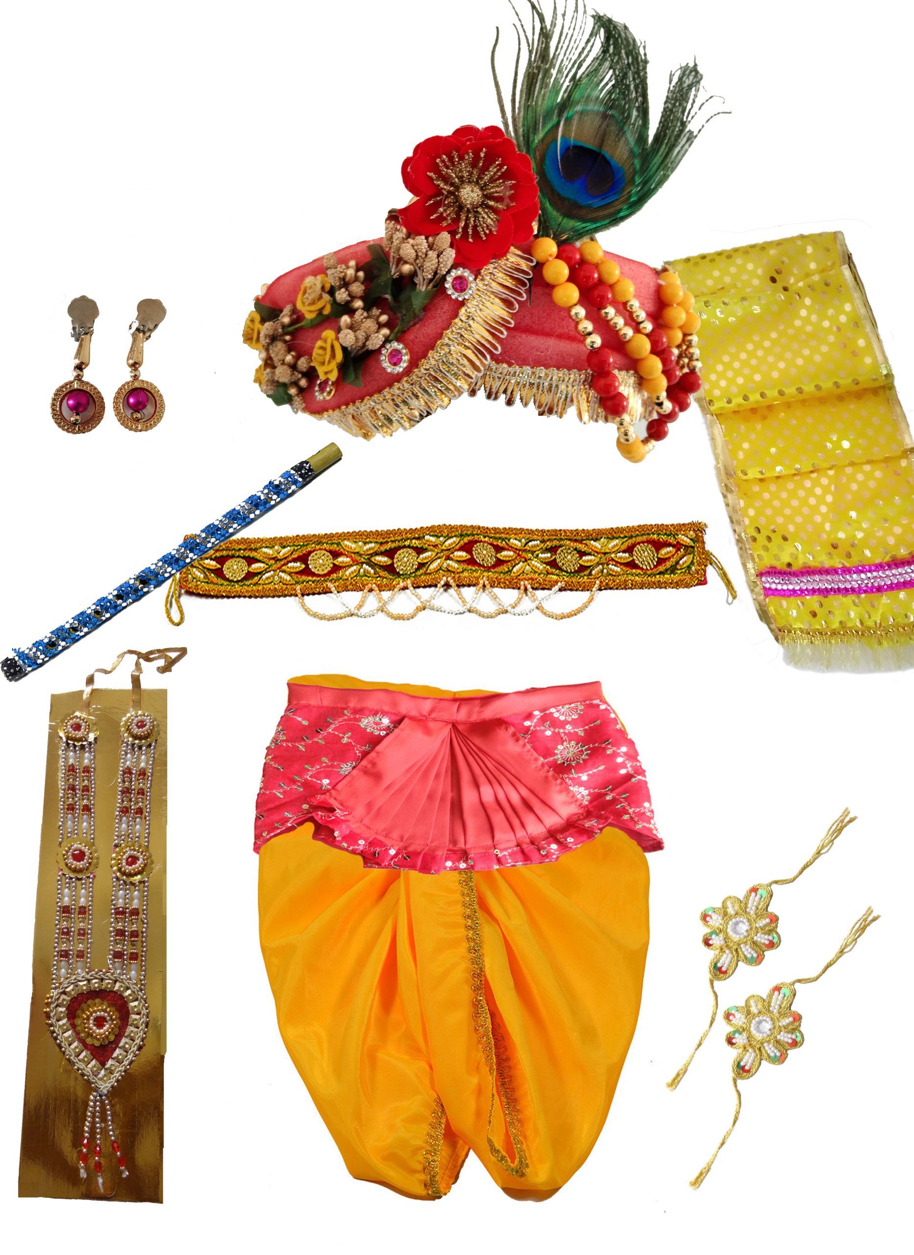 Pakhi Little Krishna Dhoti Pagdi Set - Yellow Set with Red Fan and Red Pagdi